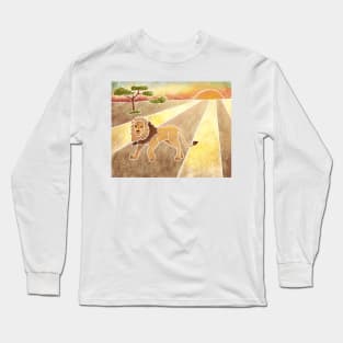 Majestic Lion in the Savannah, Batik silk painting style Long Sleeve T-Shirt